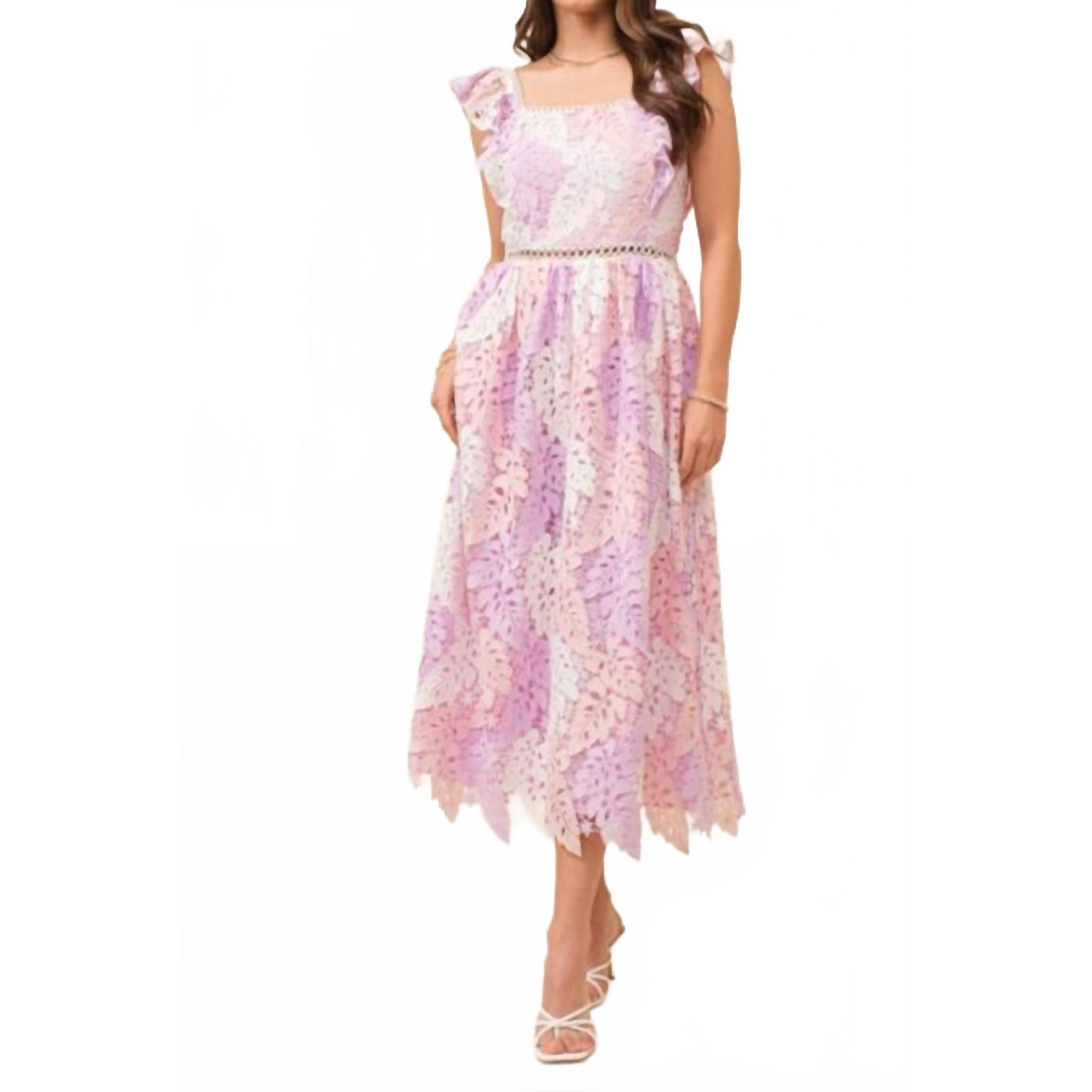 New Just Me Ruffle Sleeve Bottom Edge Midi Dress In Pink/Purple
